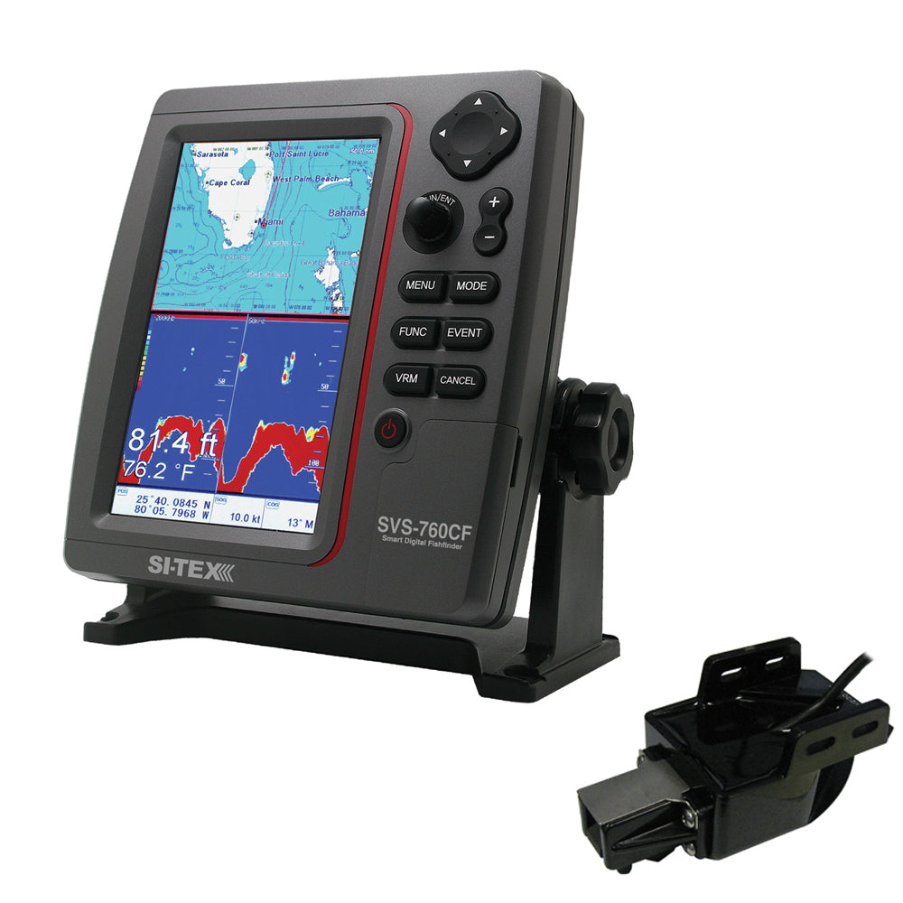 SI-TEX SVS-760CF Dual Frequency Chartplotter Sounder w/Navionics+ Flexible Coverage & Transom Mount Triducer SVS-760CFTM