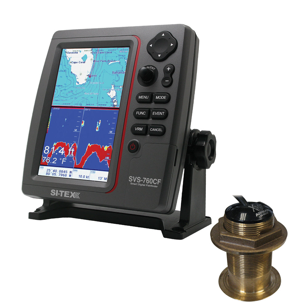 SI-TEX SVS-760CF Dual Frequency Chartplotter/Sounder w/ Navionics+ Flexible Coverage & Bronze 20° Transducer SVS-760CFB60-20