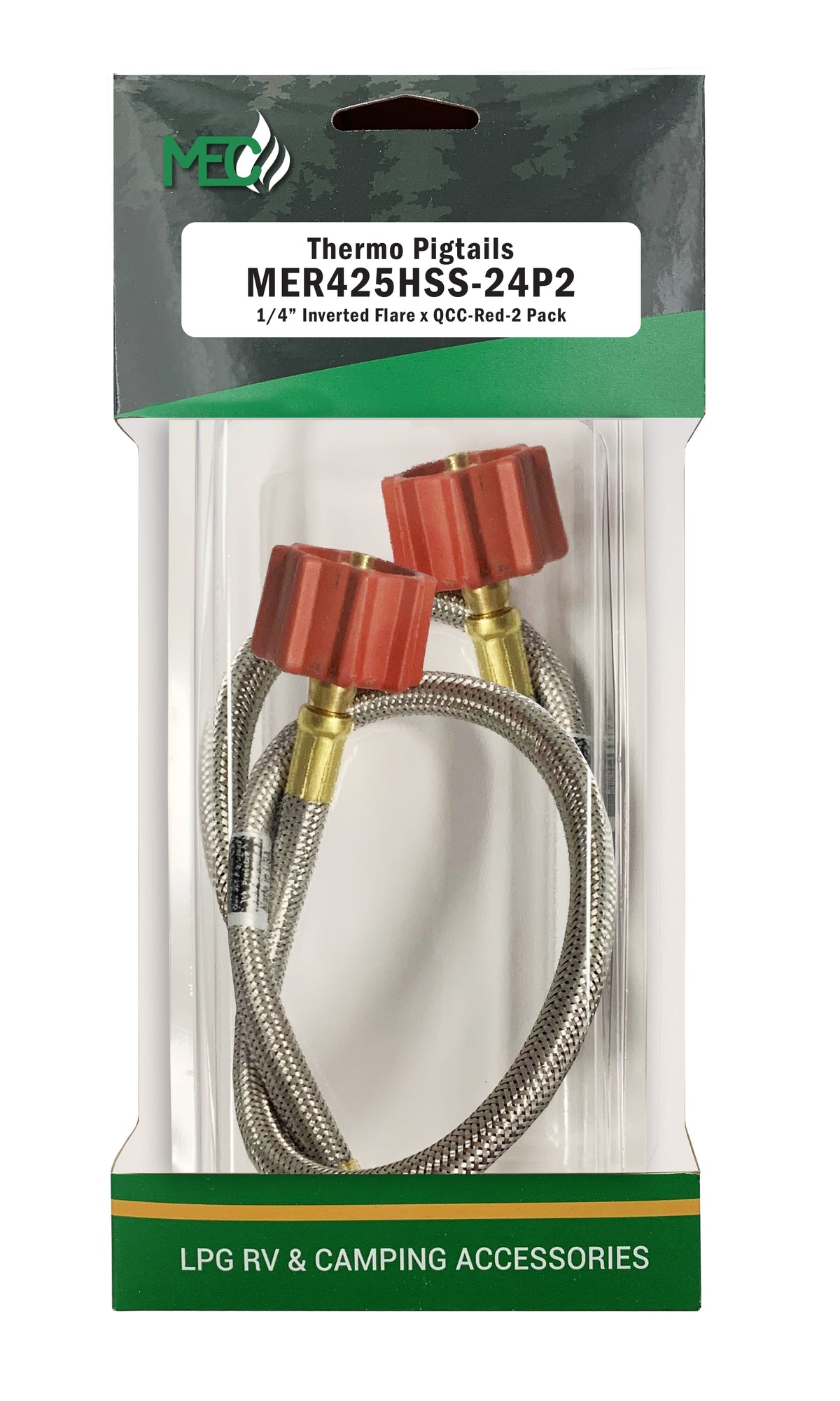 Marshall Excelsior MER425HSS-24P2 High Capacity Thermo Pigtail, 1/4" Inverted Flare X QCC with Braided Stainless Steel Hose - 24", Red, Pack of 2