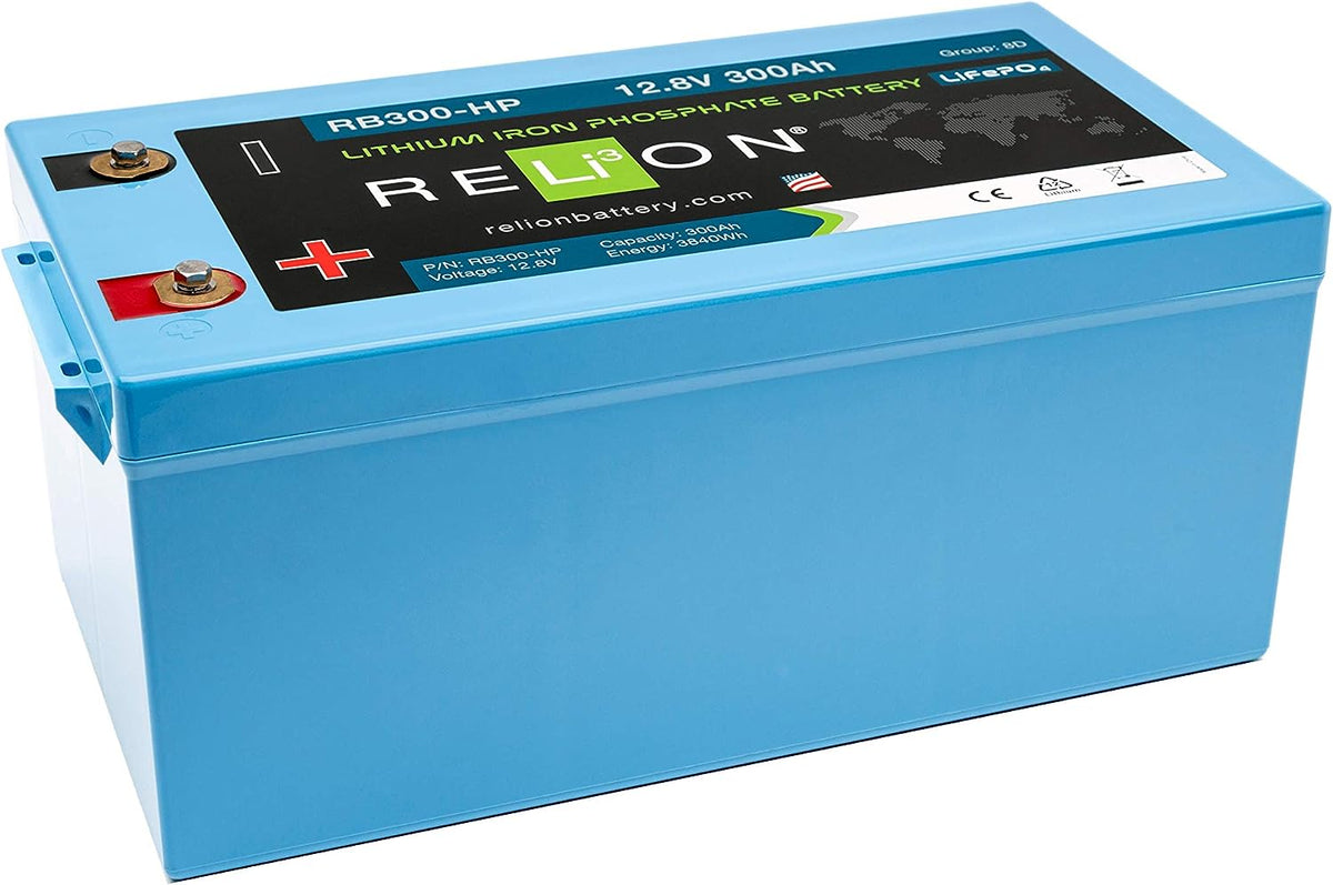 RELiON RB300-HP High Peak LIFEPO4 Legacy Lithium Dual Purpose Battery 8D 12V, Not Series Capable, 12.8V, 300 Amp Hour, HAZMAT